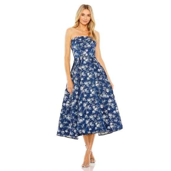 Mac Duggal 68617 Womens Size 10 Blue White Floral‎ Brocade Strapless Midi Dress - Picture 6 of 8
